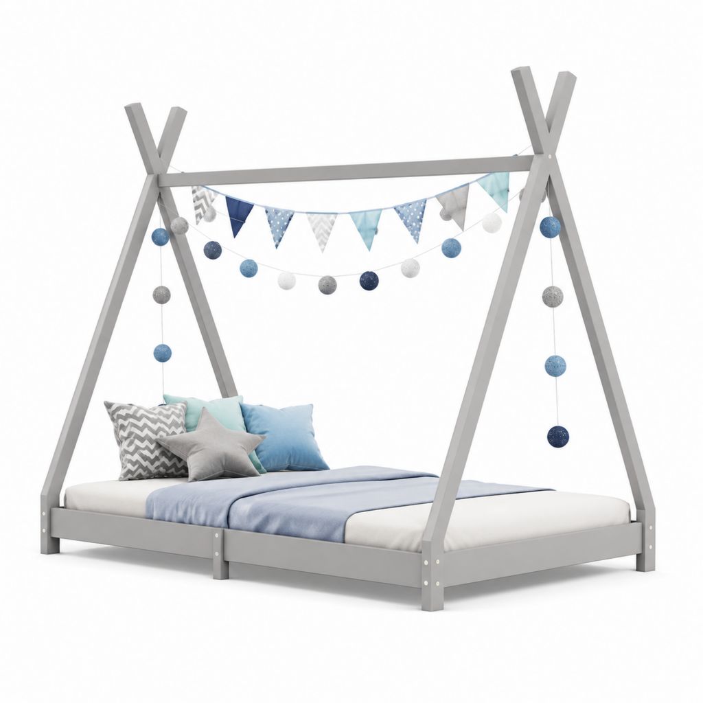 Letto per bambini a capanna grigio in legno massello 90 x 200 cm