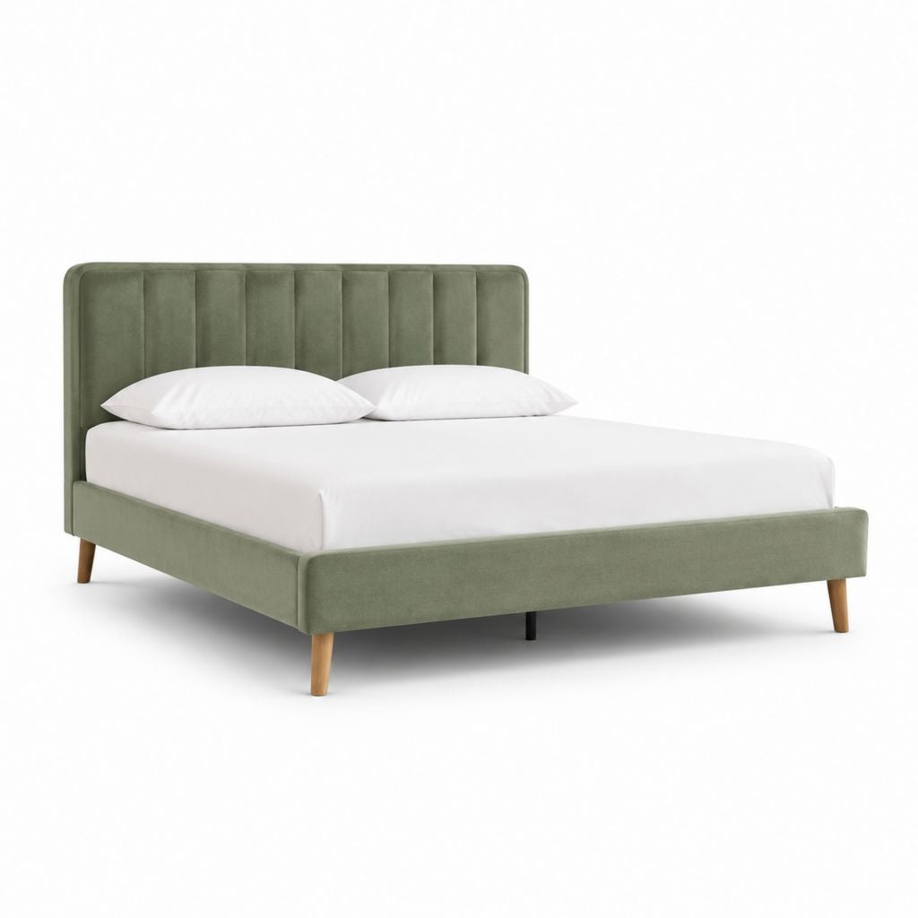 Letto matrimoniale imbottito verde salvia in velluto di poliestere con testiera a pannelli 160 x 200 cm