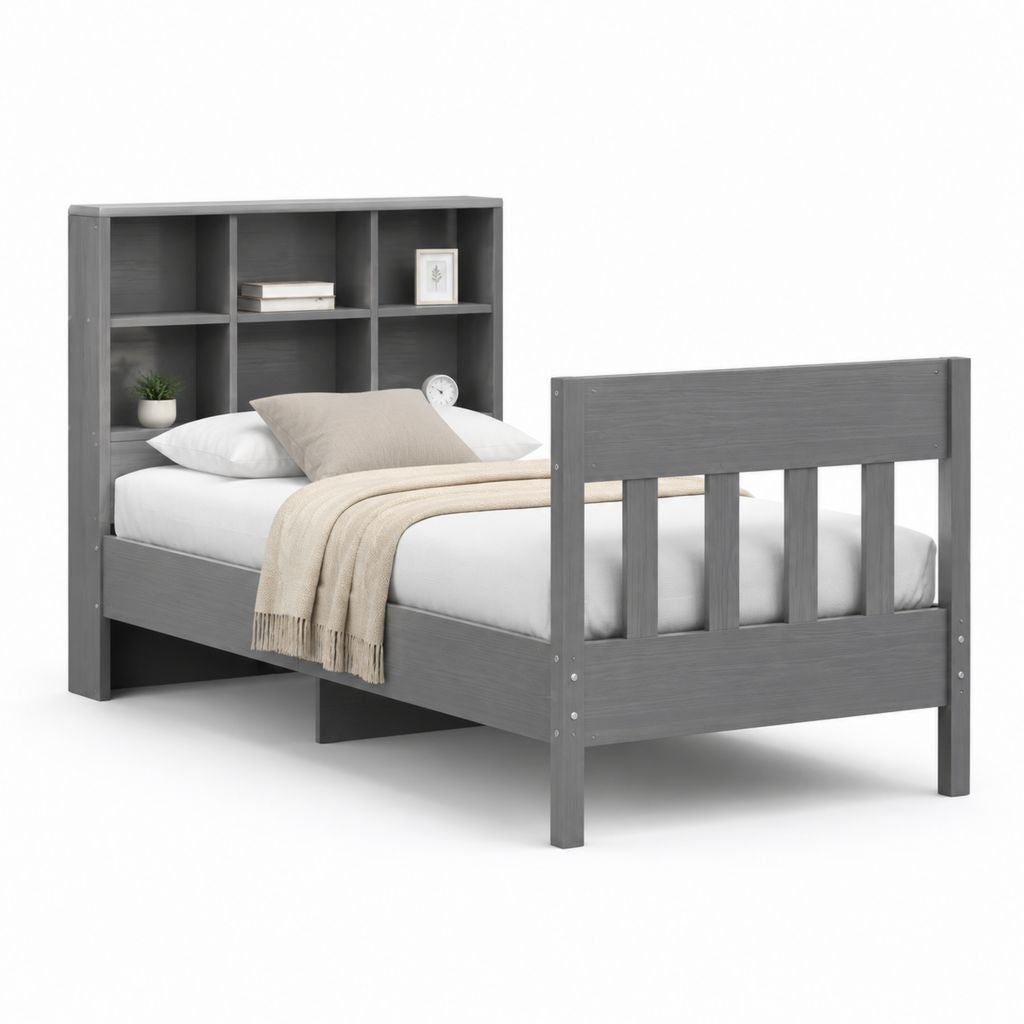 Letto singolo con testiera libreria grigio in pino massello rettangolare 90 x 190 cm