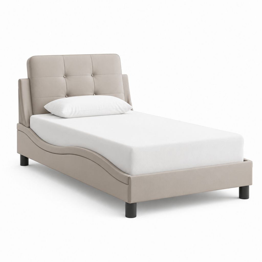 Letto singolo imbottito beige in pelle PU con testiera capitonné 90 x 190 cm