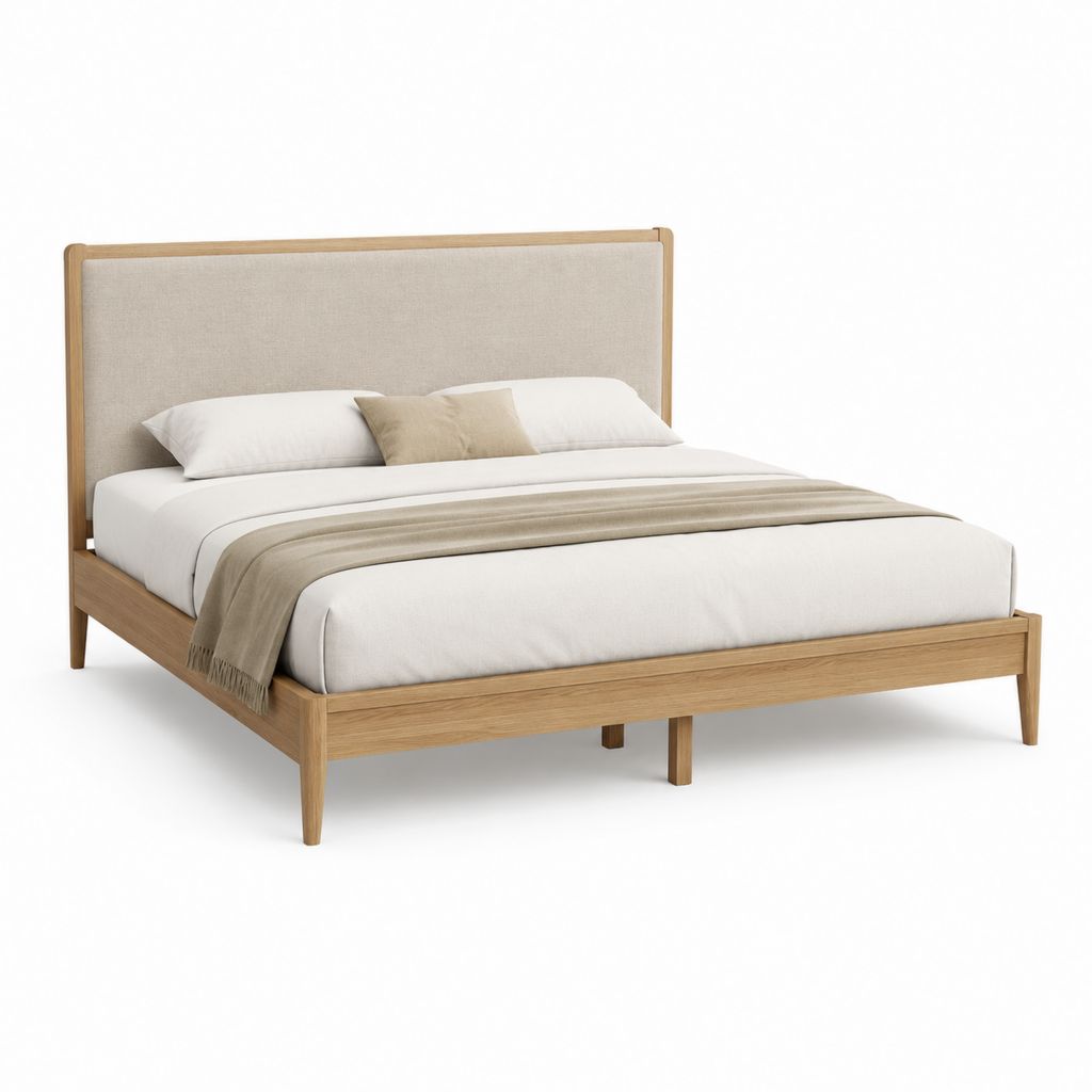 Letto matrimoniale con testiera imbottita beige struttura in legno 160 x 200 cm