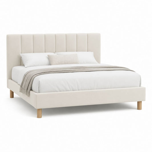 Letto matrimoniale imbottito beige in poliestere 160 x 200 cm con testiera alta