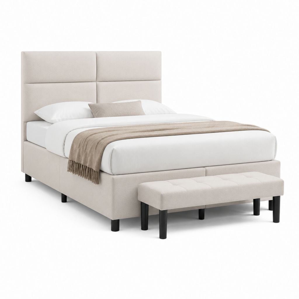 Set letto matrimoniale imbottito con panca rettangolare beige in poliestere per materasso 160 x 200 cm