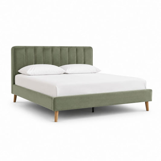 Letto matrimoniale imbottito verde salvia in velluto di poliestere con testiera a pannelli 160 x 200 cm