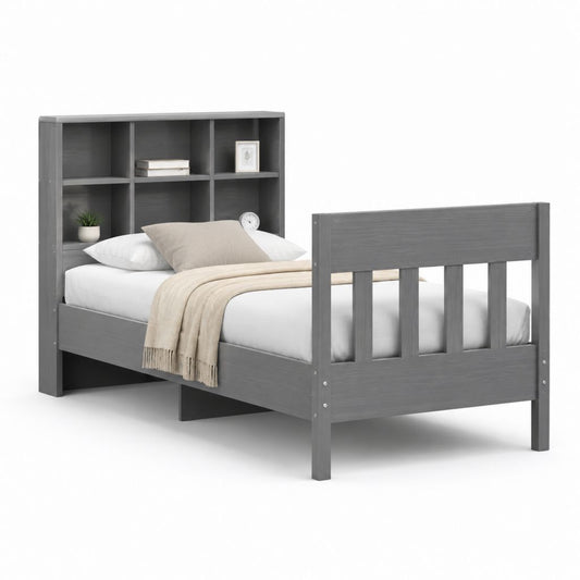 Letto singolo con testiera libreria grigio in pino massello rettangolare 90 x 190 cm