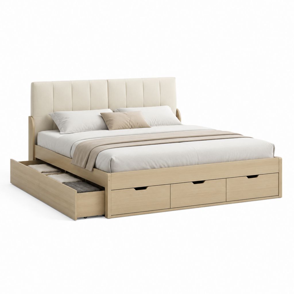 Letto matrimoniale contenitore beige in pannelli di particelle rettangolare 160 x 200 cm