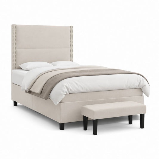 Letto matrimoniale imbottito beige in poliestere con testiera borchiata e panca 160 x 200 cm