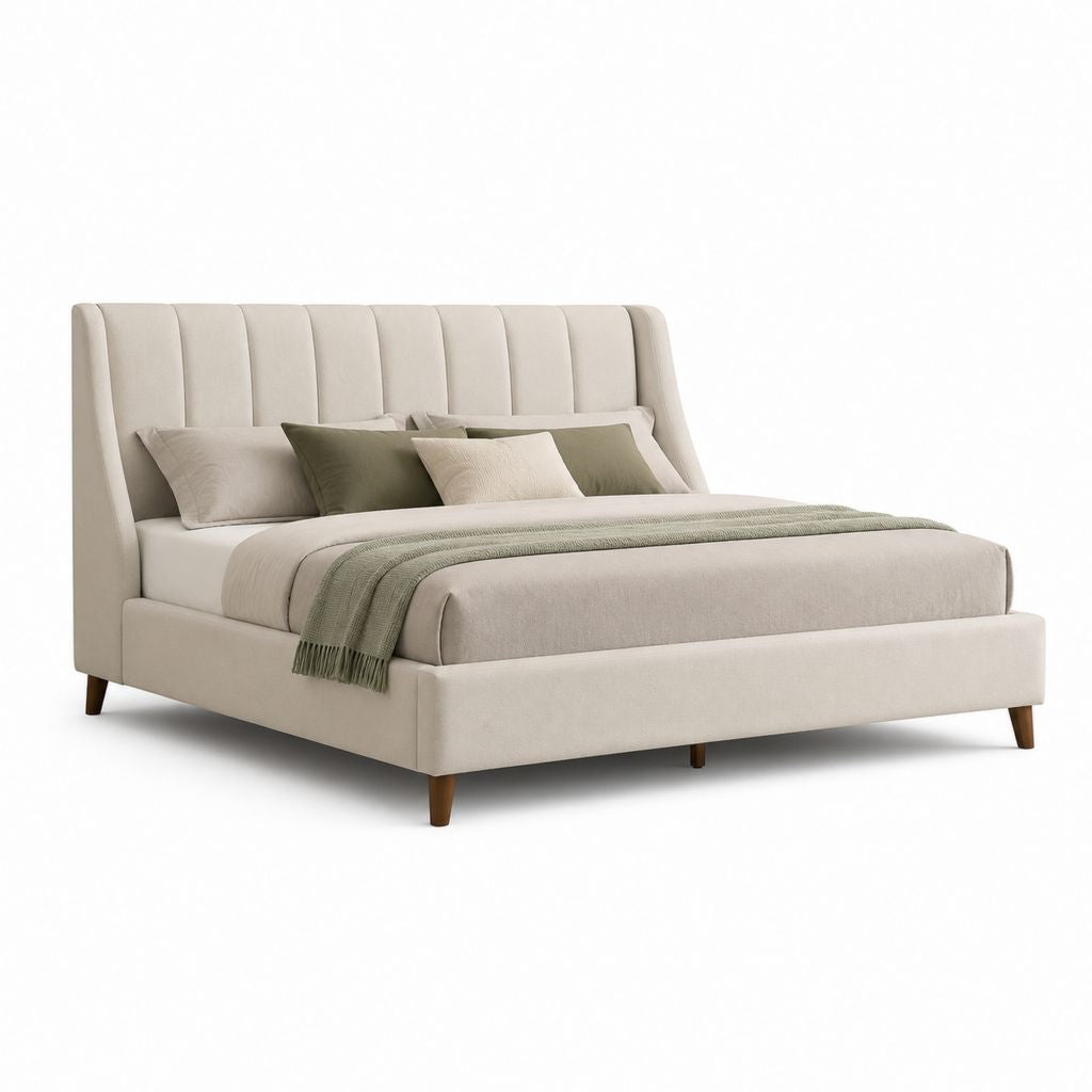 Letto matrimoniale imbottito beige in poliestere con testiera alta 180 x 220 x 120 cm