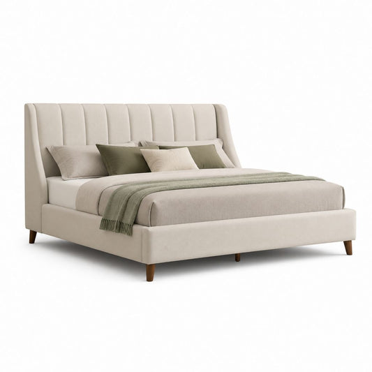 Letto matrimoniale imbottito beige in poliestere con testiera alta 180 x 220 x 120 cm