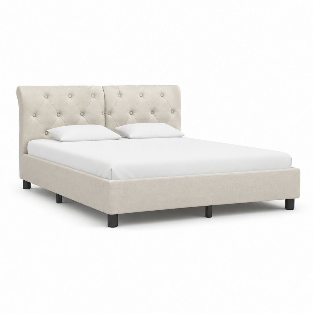 Letto matrimoniale imbottito beige in poliestere con testiera capitonné 160 x 200 cm