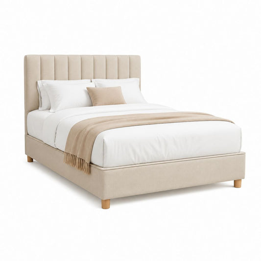 Letto matrimoniale imbottito beige in poliestere 160 x 200 cm con testiera alta