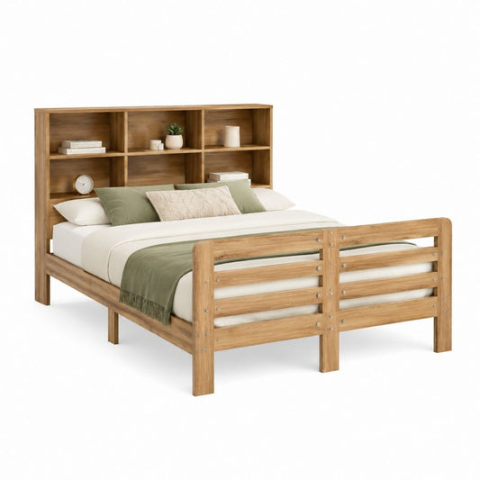 Letto matrimoniale con libreria integrata in legno massello color rovere 160 x 200 cm