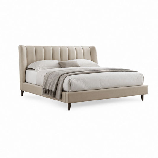 Letto matrimoniale imbottito beige in poliestere con testiera scanalata 160 x 200 cm