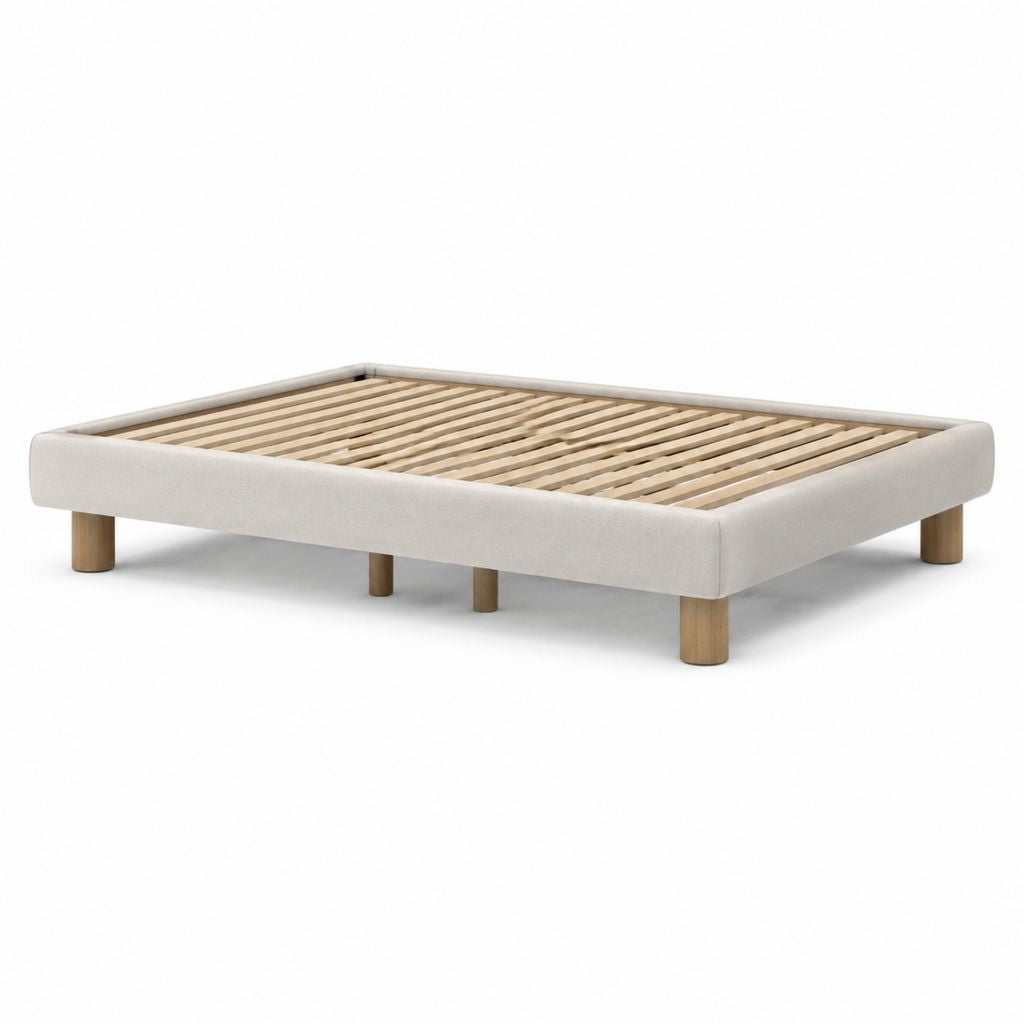 Struttura letto matrimoniale 160 x 200 cm beige in poliestere con rete a doghe e piedi in legno massello