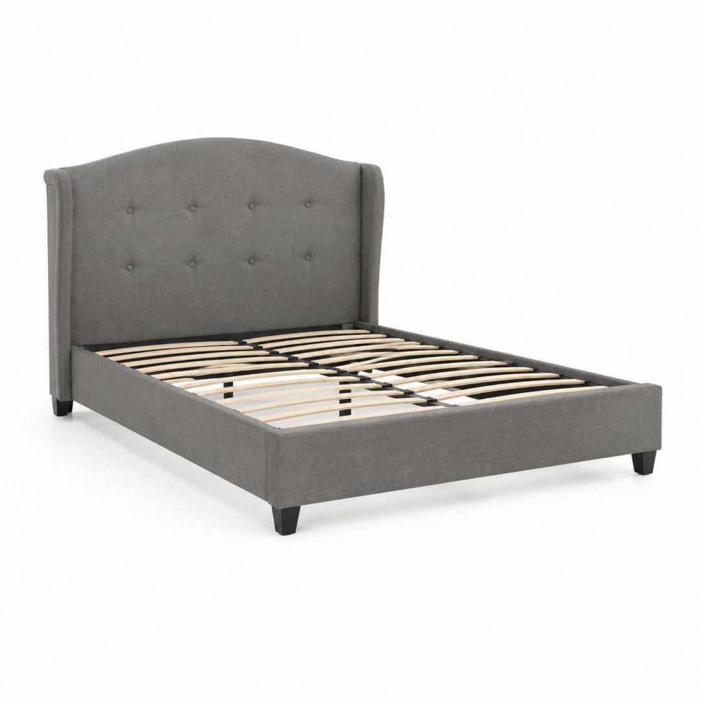 Letto matrimoniale imbottito grigio in poliestere con rete a doghe e testiera sagomata 160 x 200 cm