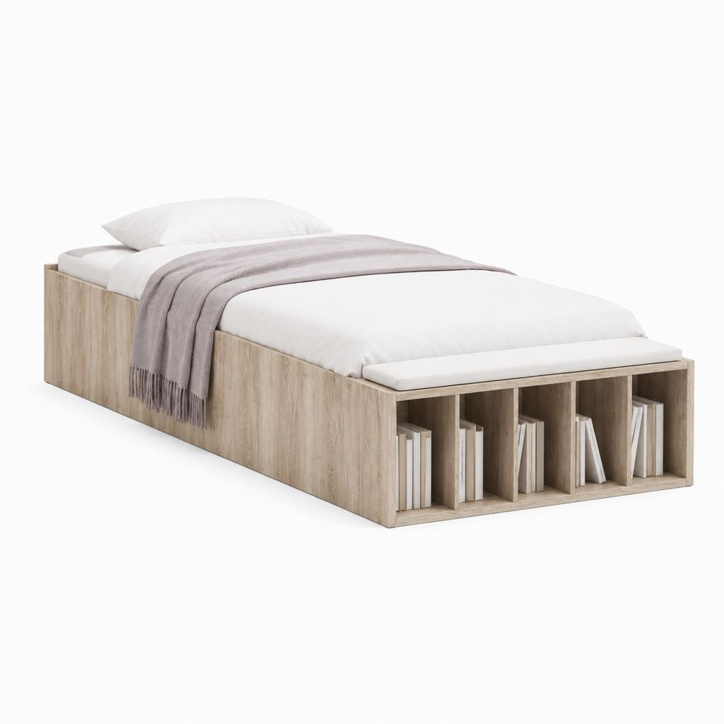 Letto singolo con libreria frontale rovere chiaro in pannello di particelle nobilitato rettangolare 90 x 200 cm 205 x 95 x 50 cm