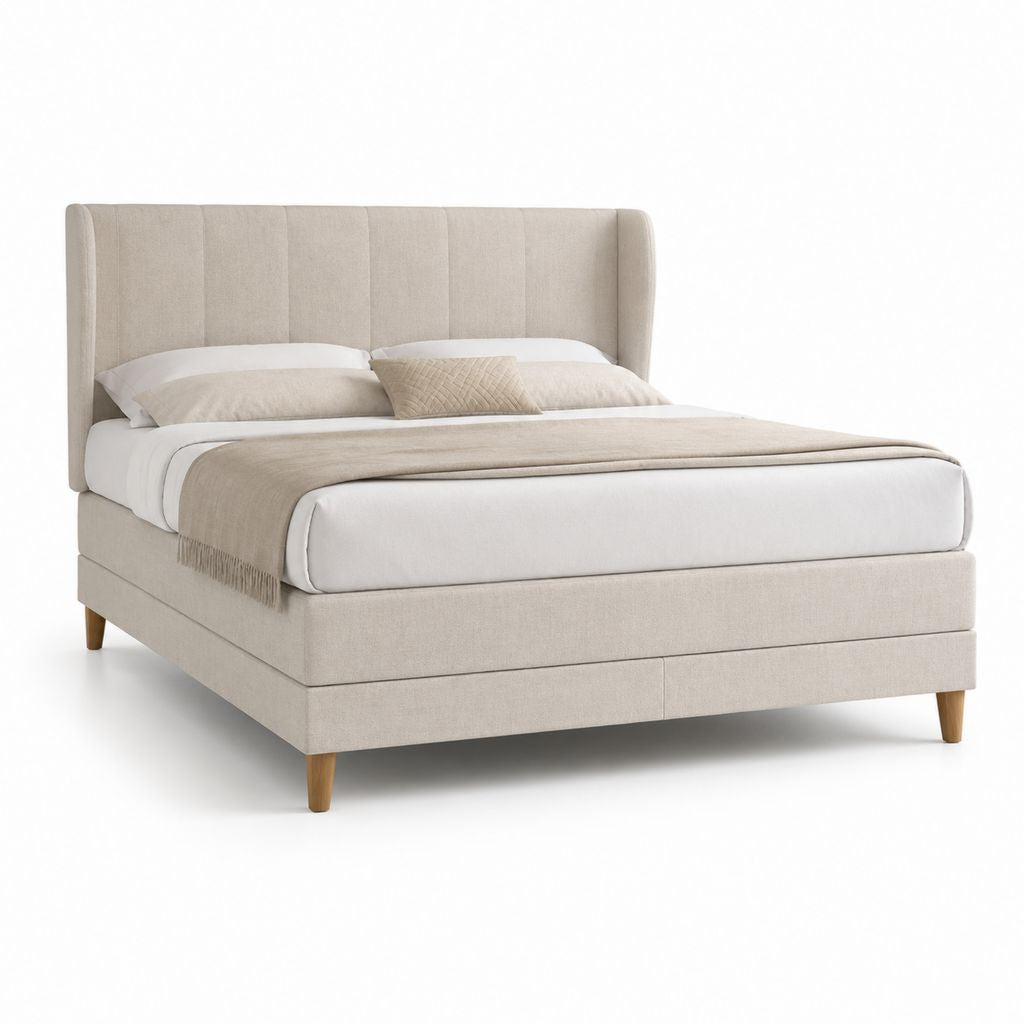 Letto matrimoniale imbottito beige in poliestere con testiera alta 160 x 200 cm