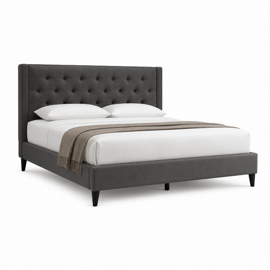 Letto matrimoniale imbottito grigio scuro in poliestere con testiera capitonné 160 x 200 cm