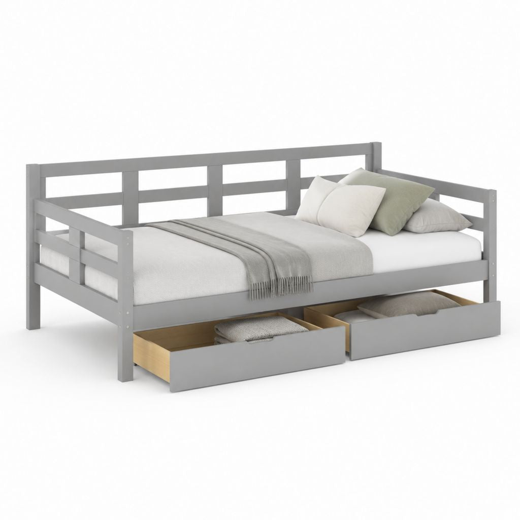 Letto singolo con 2 cassetti grigio in pino massello 90 x 200 cm