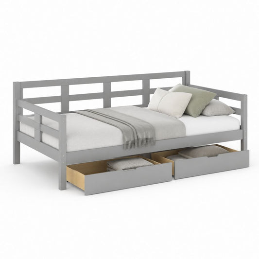 Letto singolo con 2 cassetti grigio in pino massello 90 x 200 cm