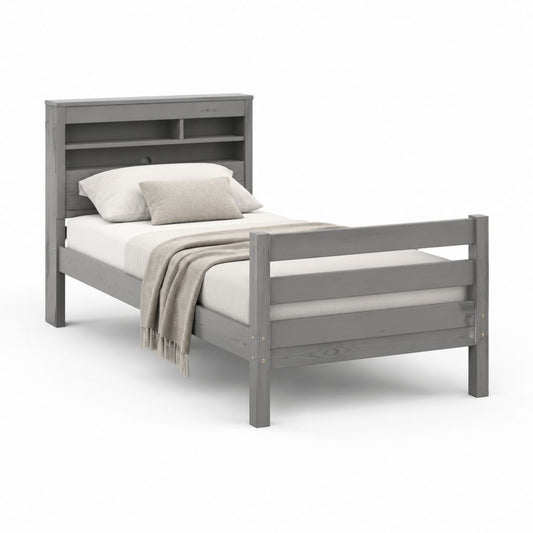 Letto singolo con testiera a ripiani grigio in pino massello rettangolare per materasso 90 x 190 cm 104 x 200 x 110 cm